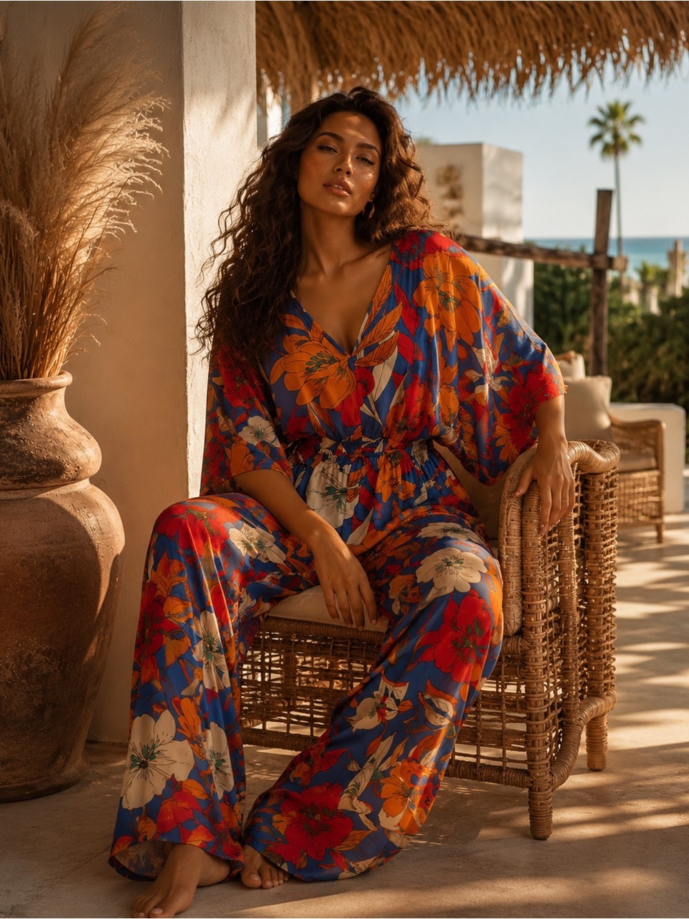 Floral Wide-Leg Jumpsuit in Blue & Orange